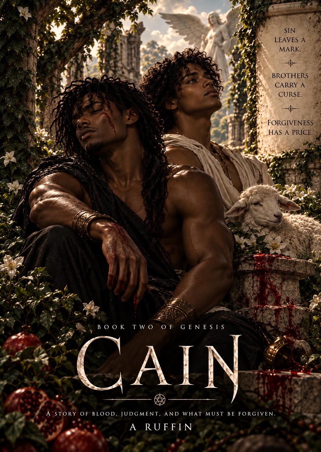 CAIN, Book Two of Genesis, featuring Cain and Abel in a garden marked by blood, judgment, and sacrifice.